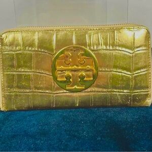 Tory Burch Metallic Gold Croc-Embossed Wallet, Excellent Condition